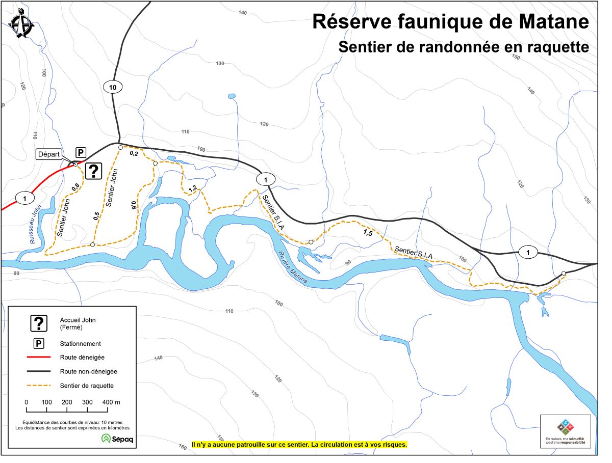 Map of the snowshoe trails in the Matane Wildlife Reserve