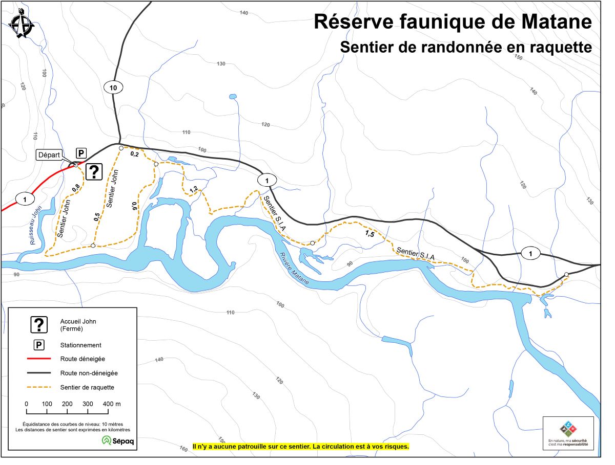 Carte de sentiers de raquette dans la Réserve faunique de Matane